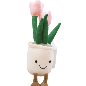 Cute pink tulip plush plant in a smiling beige pot with corduroy green leaves