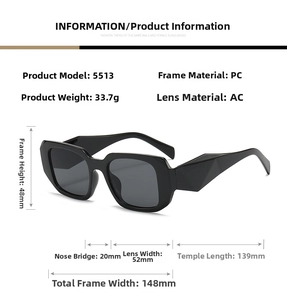 Detailed dimensions of rectangular retro sunglasses with thick PC frame and AC lenses
