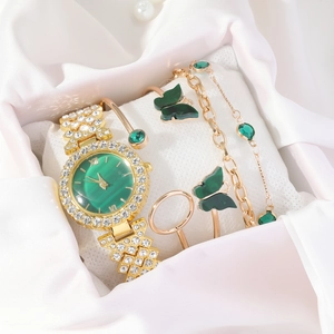 Women Quartz Watch Butterfly Bracelet Emerald Green Dial Rose Gold Alloy Rhinestone Elegant Fashion Accessory For Lady