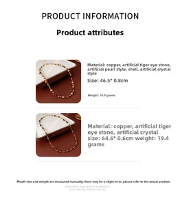 Detailed specs for tiger eye beaded necklaces with copper, pearl, and crystal elements