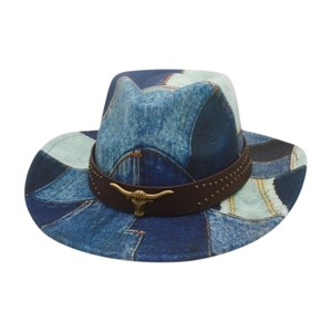 Denim patchwork western cowboy hat with leather band and golden longhorn metal logo