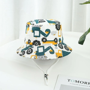 Kids cotton bucket hat in white featuring colorful cartoon construction truck prints