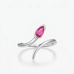 Vintage 925 Sterling Silver Snake Ring For Women Red Pear Shape Rhinestone Adjustable Open Ring Minimalist Trendy Jewelry