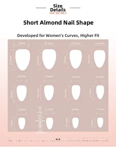 Size chart for short almond press-on nails detailing dimensions for 24 pieces in 12 sizes