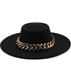 Vintage Cashmere Fedora Hat For Men Women Wide Brim Felt Jazz Hat With Thick Gold Chain Decoration Elegant Ethnic Accessory