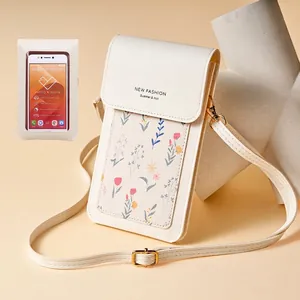 Women Crossbody Phone Bag With Touch Screen Window Floral Print PVC Leather Mini Shoulder Bag Adjustable Strap