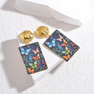 Golden oil painting style square drop earrings with colorful butterfly pattern details