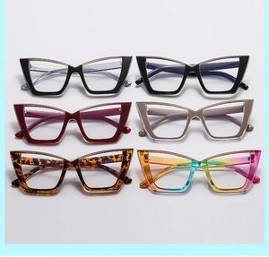 Collection of cat-eye anti-blue light glasses frames in various colors and patterns