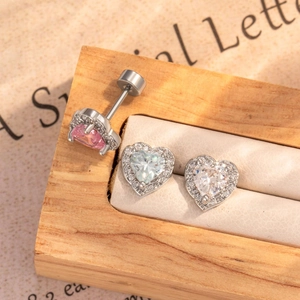 Elegant heart zirconia screw back stud earrings set in pink blue and white colors