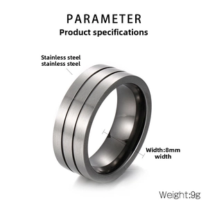 Detail of 8mm matte gray titanium steel ring showing brushed texture and 9g weight specs