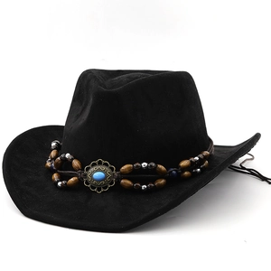 Black faux suede cowboy hat featuring bohemian turquoise and ethnic beaded band decor