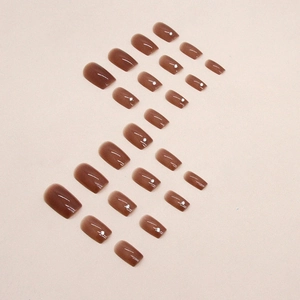 Short square amber brown gradient press-on nails with delicate pearl decorations
