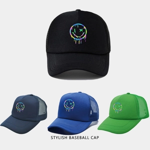 Cotton Mesh Trucker Hat With Gradient Rainbow Smile Face Print Breathable Baseball Cap Curved Brim Sun Hat For Men Women Streetwear
