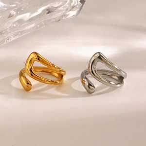 Minimalist geometric hollow open rings in gold and silver finish with high-polish texture