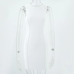 Detail shot of the vertical rib texture on the white sleeveless slim fit knit dress