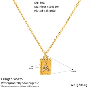 Detail view of 18k gold plated 304 stainless steel letter pendant with 45cm chain size