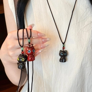 Collier Pendentif Chat Fait Main Bois Sculpté Dessin Animé Animal Corde Tissée Chaîne De Pull Bijoux Fantaisie