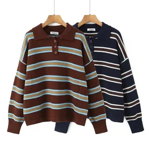 Retro striped knit polo shirt featuring a classic collar and vintage color block design