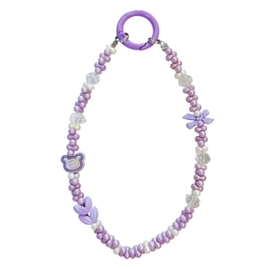 Purple beaded phone strap with bear charm and bow for keychain or bag accessory