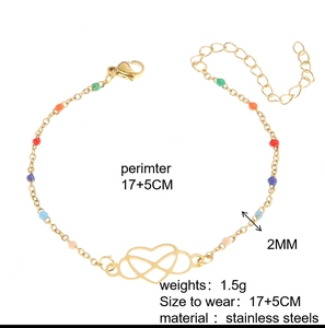 Detailed view of 18k gold plated Mobius heart bracelet with colorful beads and sizing info