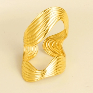 18k gold plated stainless steel double layer S-shaped open ring with wavy texture