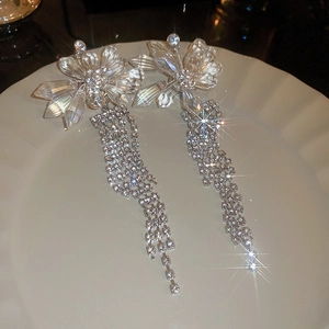 Detailed view of luxury flower earrings with sparkling crystal tassels on white porcelain