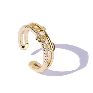 Minimalist golden double-layer open ring featuring heart design and sparkling pavé crystals