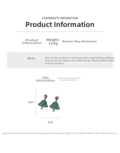 Close-up detail of rhinestone Christmas tree earrings showing 5cm height and alloy texture