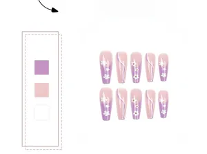 Detail of long ballerina fake nails with purple floral patterns and gold glitter accents