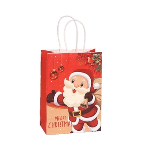 Red Christmas Santa Claus kraft paper gift bag with white rope handles and festive text
