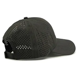 Black laser-cut mesh baseball cap for outdoors with breathable holes and adjustable strap