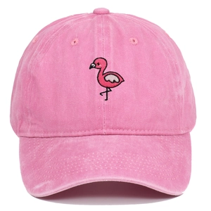 Pink washed cotton baseball cap with flamingo embroidery in a classic retro dad hat style