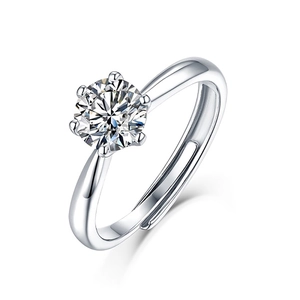 Classic six-prong S925 sterling silver ring with adjustable band and round moissanite