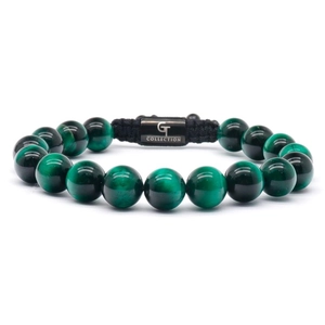 Detailed shot of green tiger eye beads and black braided rope on a men's bracelet