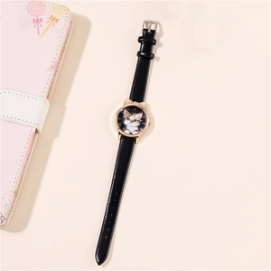 Girl's quartz wristwatch with cute cartoon cat pattern dial and black leather strap