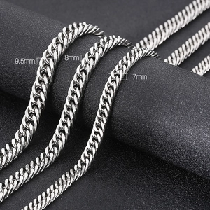 Hip hop silver curb chain necklaces in 7mm, 8mm, and 9.5mm widths on black background