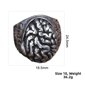 Detail view of retro stainless steel brain ring with dimensions and 36.2g weight
