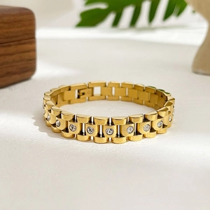 Luxurious 18K gold plated titanium steel watch-style bracelet with white sparkling diamonds