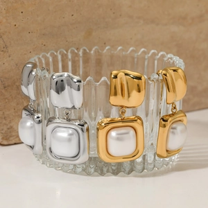 316 stainless steel geometric square earrings with pearl pendants in gold and silver finish