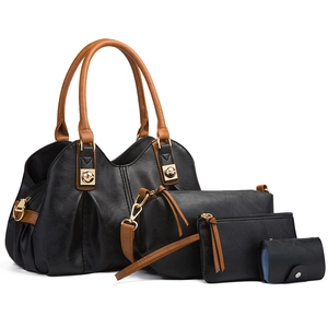 Retro black PU leather 4-piece handbag set with brown straps and golden hardware