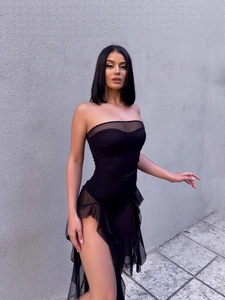 Sexy black tube top dress with sheer mesh panels and irregular ruffle hemline