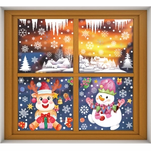 Christmas window decals with gingerbread man, snowman and reindeer on glass window