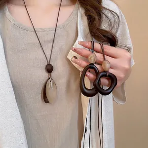 Geometric Pendant Necklace Resin Wood Style Retro Ethnic Long Sweater Chain For Women