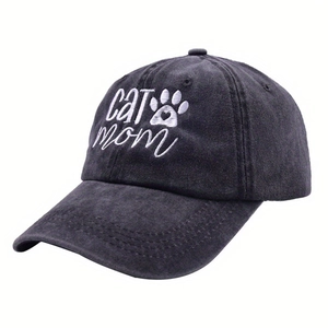 Unisex black washed cotton baseball cap with white CAT MOM embroidery and heart paw print