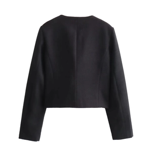 Back view of a cropped black long-sleeved suit jacket with tailored clean-cut silhouette