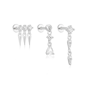 Détail de clous d'oreilles en argent S925 avec zircons et pendentifs élégants