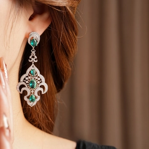 Vintage tree-shaped emerald earrings with silver plating and micro-paved diamonds