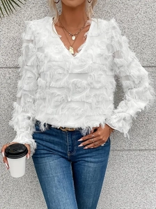Elegant white V-neck blouse with long sleeves and stylish fringe feather texture fabric