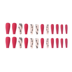 Set of 24 red and nude long ballet press-on nails with matte finish and floral glitter design