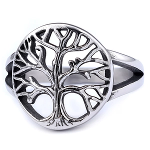 Bague arbre de vie en acier inoxydable rétro argenté avec détails ajourés